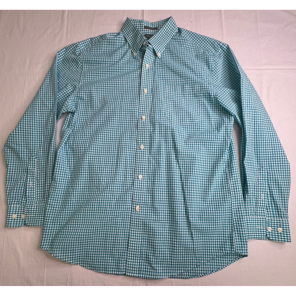 Saddlebred Men's Large L Wrinkle Free‎ Gingham Button Down Shirt Teal White